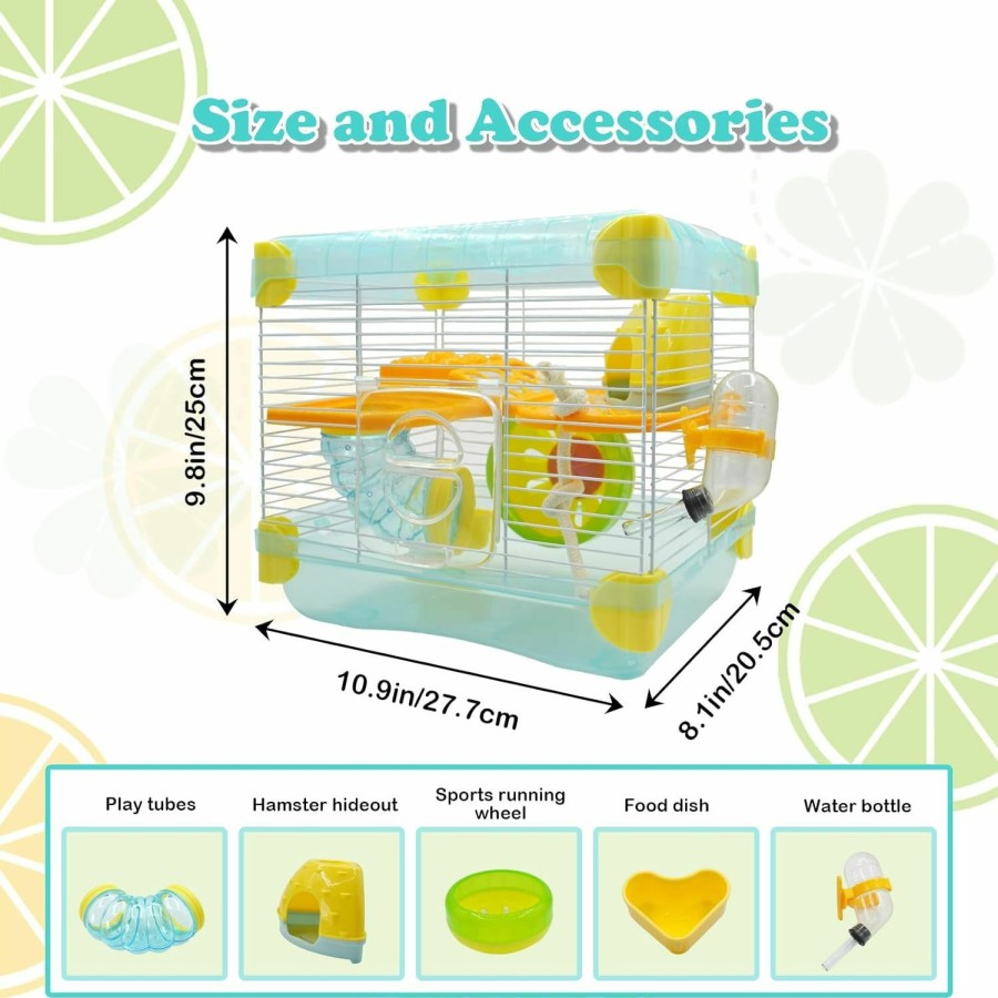 Small Animal MUYG | Muyg 2 Layers Hamster Cage With Tubes Mouse Cage With Accessories Water Bottle Food Dish Transparent Hamster Habitat With Exercise Wheel For Hamster Guinea Pig Gerbil (10.9\" X 8.1\" X 9.8\" Blue)