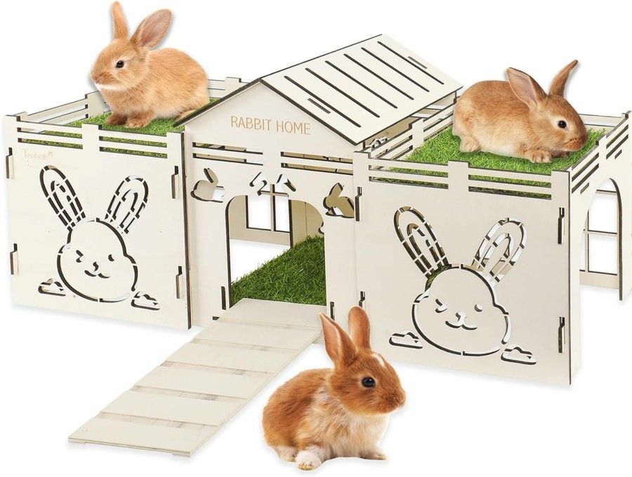 Small Animal Teabelle | Teabelle Large Wooden Rabbit Castle Hideout, Bunny House With Artificial Grass, Multi-Chamber Bunny Playhouse Habitat Cage Decor, For Small Pet Rabbit Guinea Pig Chinchilla Hedgehog