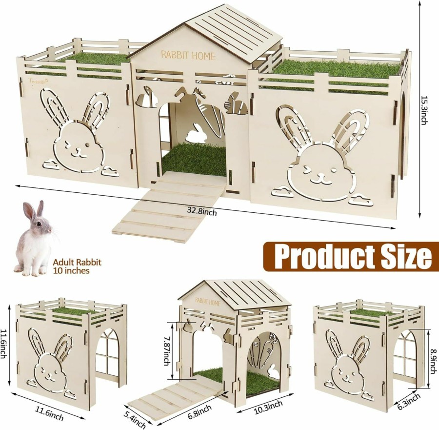 Small Animal Teabelle | Teabelle Large Wooden Rabbit Castle Hideout, Bunny House With Artificial Grass, Multi-Chamber Bunny Playhouse Habitat Cage Decor, For Small Pet Rabbit Guinea Pig Chinchilla Hedgehog