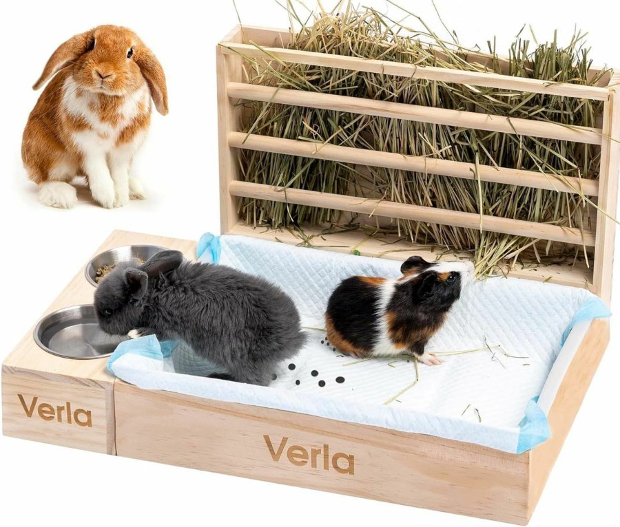 Small Animal Verla | Verla 3-In-1 Hay Feeder With Litter Pan& Bowls For Rabbit Guinea Pig Bunny, 19.8X13.7X11.2Inch Wooden Feeding Toilet Combo For Small Rectal Animal, Included 2 Bowls& 1 Litter Box-Easy Clean (Hf-02)