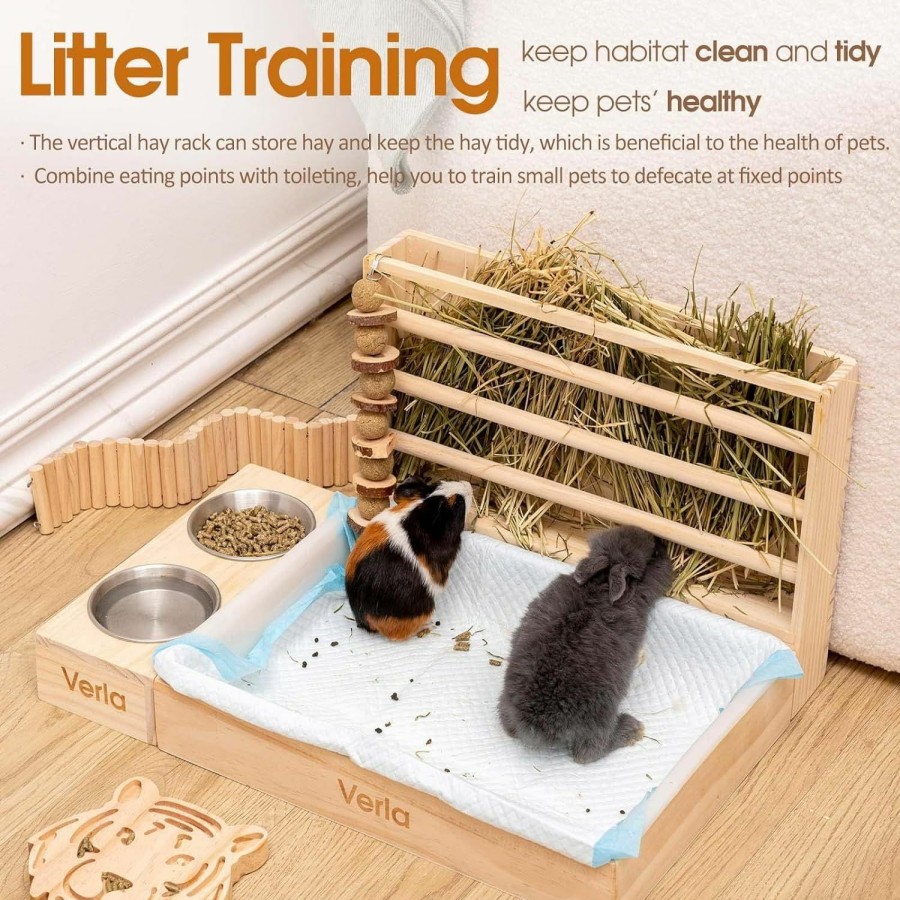 Small Animal Verla | Verla 3-In-1 Hay Feeder With Litter Pan& Bowls For Rabbit Guinea Pig Bunny, 19.8X13.7X11.2Inch Wooden Feeding Toilet Combo For Small Rectal Animal, Included 2 Bowls& 1 Litter Box-Easy Clean (Hf-02)