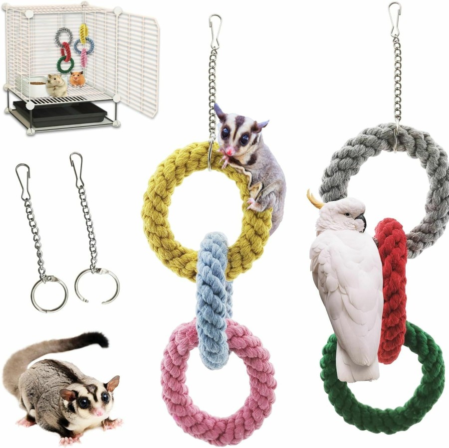 Small Animal TYUJYJTH | Sugar Glider Climbing Rope Cage Accessories 2 Pack 3-Rings Bird Swings Soft Rope Knot With Chains Hook For Ferret Hamster Squirrel Chinchilla Parrots Hammock Hanging Bed Guinea Pig Exercising