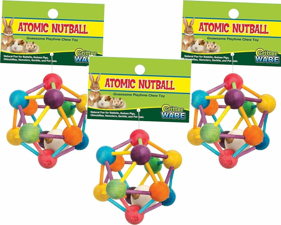 Small Animal Ware Manufacturing | (3 Pack) Ware Manufacturing Wood Atomic Nut Ball Pet Toys For Small Pets - Large