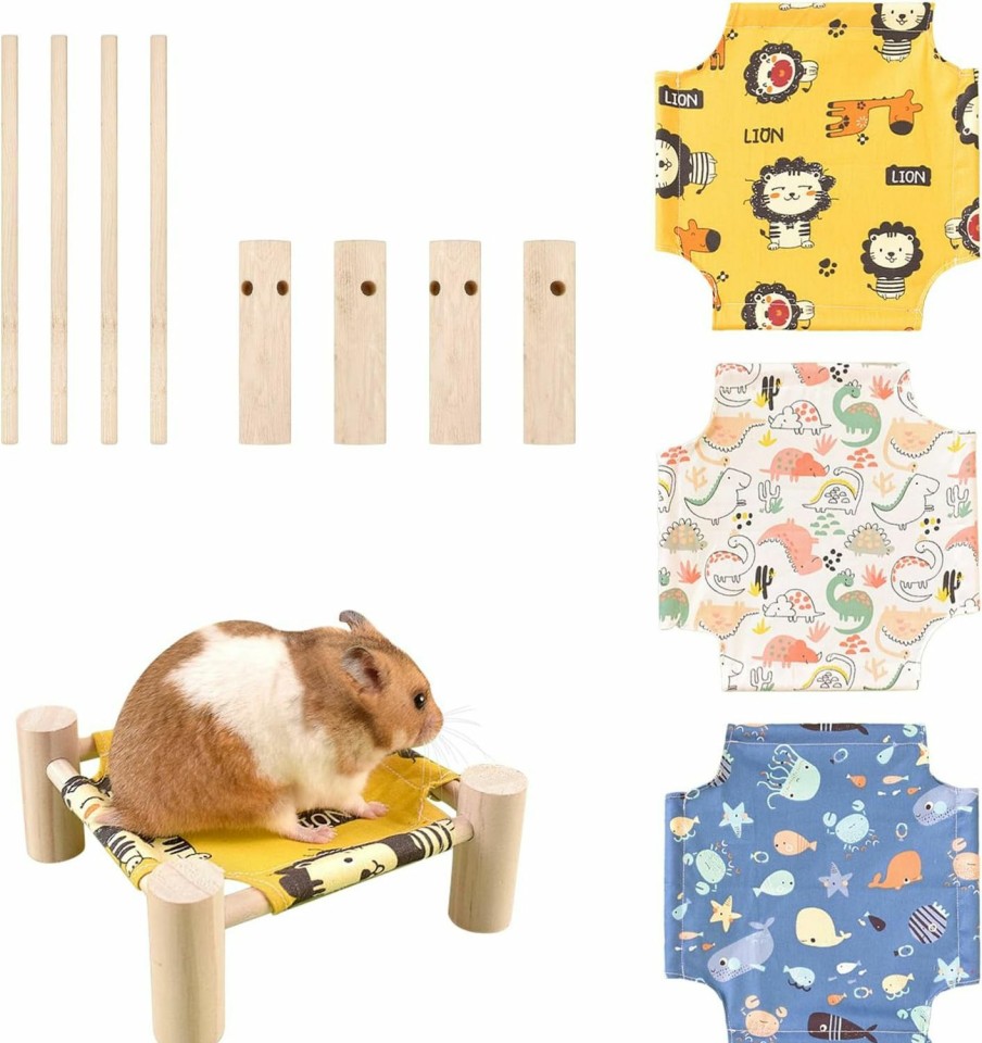 Small Animal HPAWHOMEPART | Hpawhomepart 3Pcs Small Animal Hammock,Replaceable Canvas Elevated Wooden Rat Hammock Platform Rat Cage Accessories Cute Detachable Guinea Pig Bed Small Animal Hideout For Rat Hamster Dwarf Rabbit(M