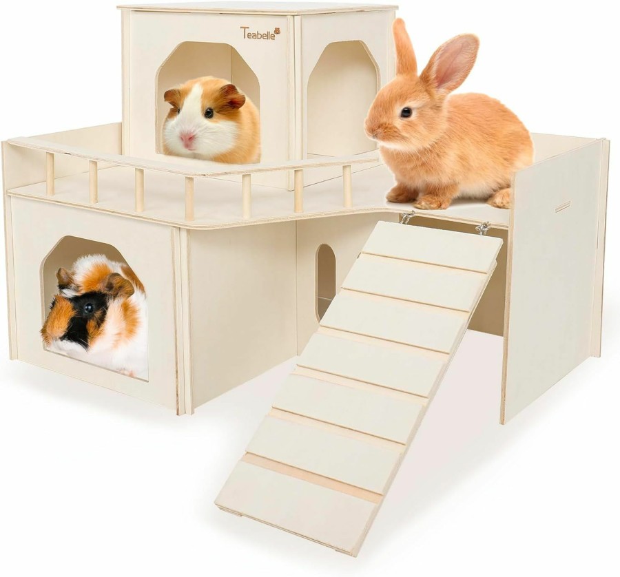 Small Animal Teabelle | Teabelle Wooden Guinea Pig Hideout House, Multi-Chamber Guinea Pig Castle With Ladder, Small Animal Detachable Habitat Decor, Cage Accessories For Guinea Pig Chinchilla Bunny Hamster Hedgehog Squirrel