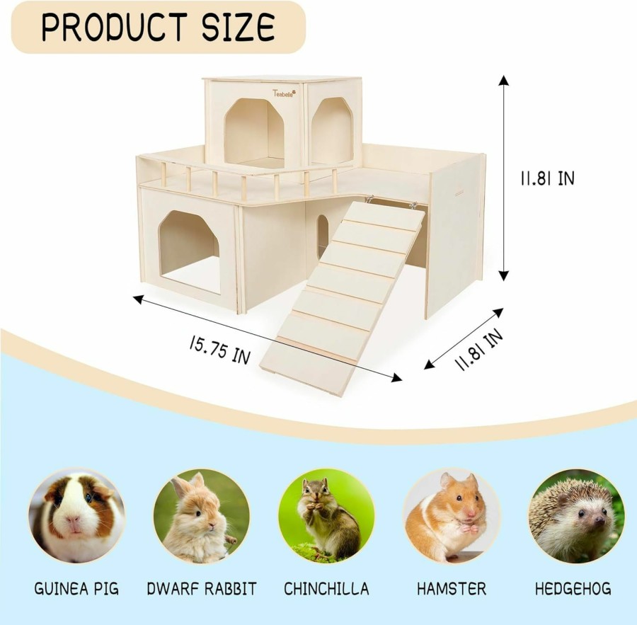 Small Animal Teabelle | Teabelle Wooden Guinea Pig Hideout House, Multi-Chamber Guinea Pig Castle With Ladder, Small Animal Detachable Habitat Decor, Cage Accessories For Guinea Pig Chinchilla Bunny Hamster Hedgehog Squirrel