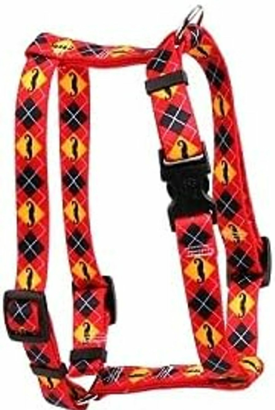 Small Animal Yellow Dog Design | Yellow Dog Design Mustaches With Argyle Roman Style H Dog Harness, X-Large-1\" Wide Fits Chest Of 28 To 36\"