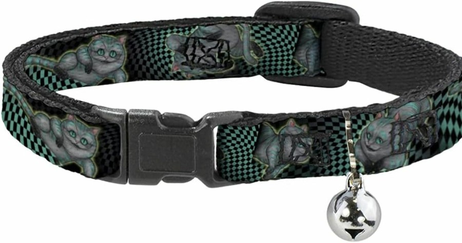 Small Animal Buckle-Down | Buckle-Down Breakaway Cat Collar - Cheshire Cat 4-Poses Checkers Teal/Black - 1/2\" Wide - Fits 9-15\" Neck - Large