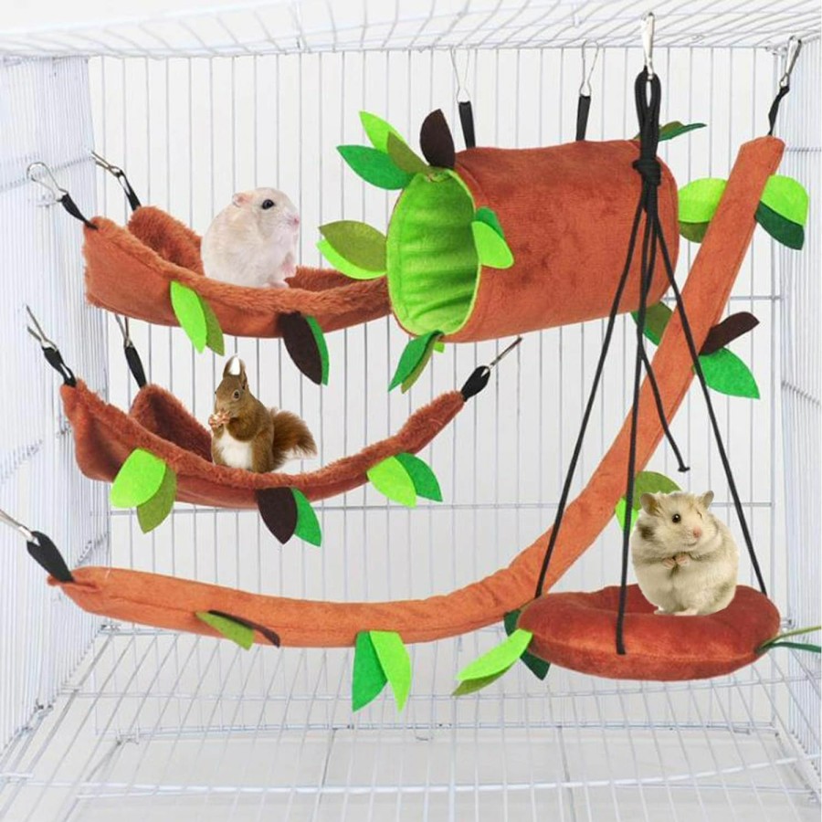 Small Animal ISMARTEN | Ismarten 5Pcs Hamster Hammock Small Animals Hanging Warm Bed House Cage Nest Accessories Forest Pattern Cage Toy Leaf Hanging Tunnel And Swing For Sugar Glider Squirrel Hamster Playing Sleeping