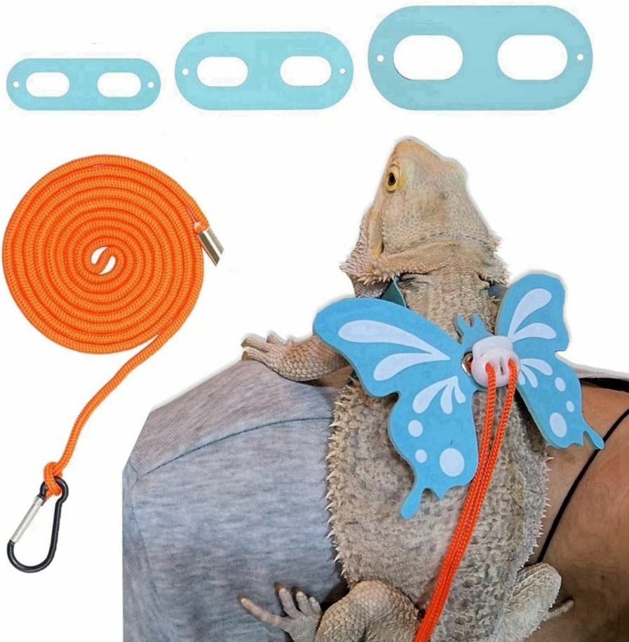 Small Animal HAICHEN TEC | Bearded Dragon Leash And Harness - Adjustable 3 Size Pack Leather Butterfly Wings Harness Set, Lizard Costume Clothes Outdoor Walking Lead Control Rope For Iguana Gecko Chameleon Hamster Ferret (Blue)