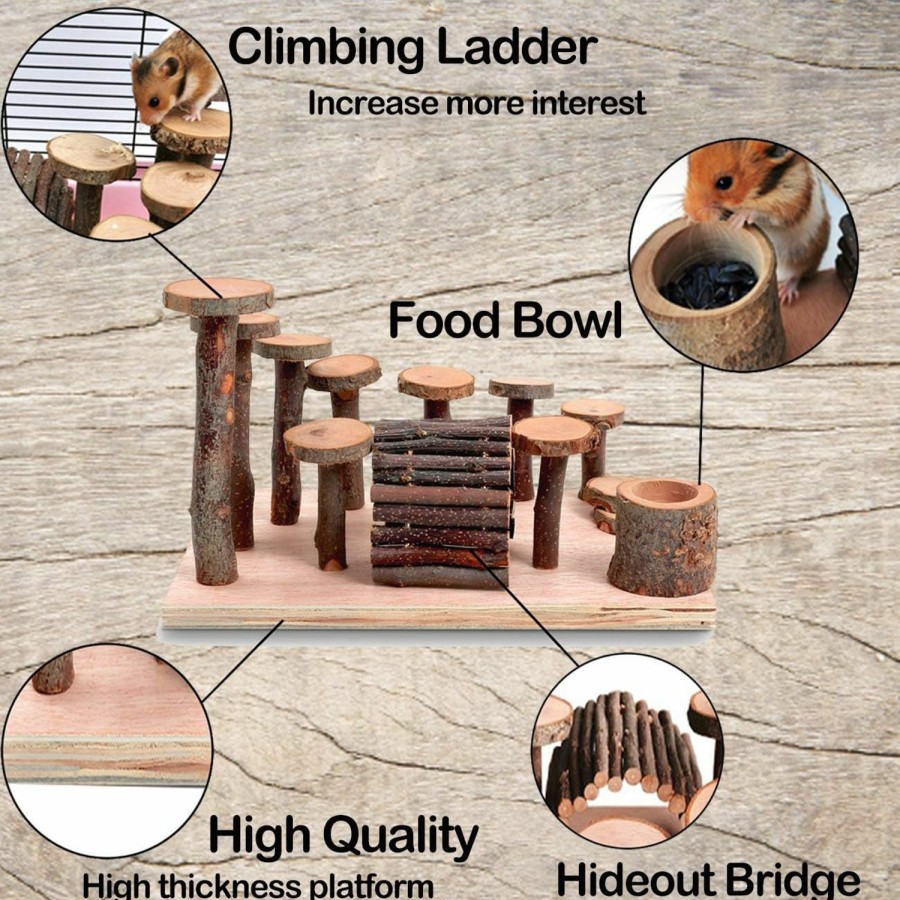 Small Animal Linifar | Hamster Playground Wooden, Small Animal Activity Toys Set Climbing Ladder Bendy Bridge Food Bowl Stand Platform Chew Toy For Syrian Hamster Mouse Gerbil Chinchilla Rat