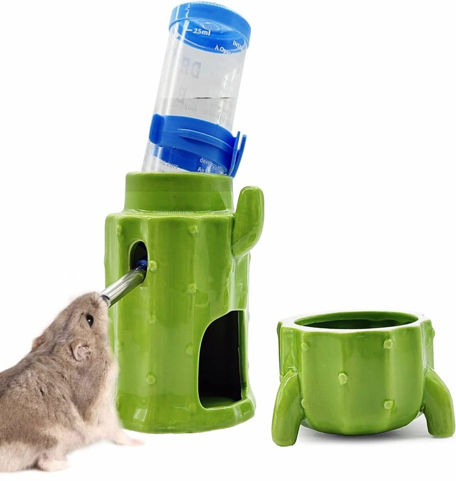 Small Animal Hamiledyi | Hamiledyi Hamster Water Bottle With Holder,Cactus Ceramic Water Dispenser Stand With Food Feeder Bowl For Hamsters Small Animals