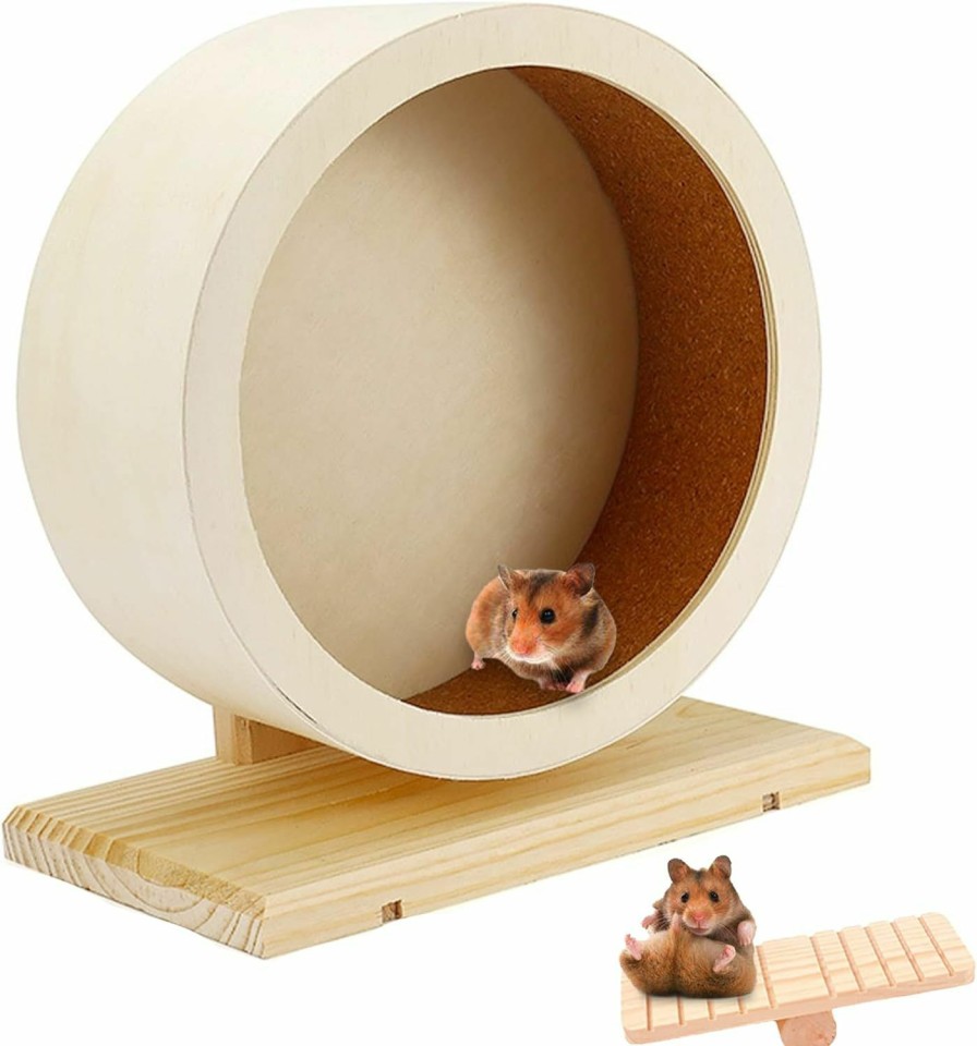 Small Animal BNOSDM | Bnosdm Wooden Hamster Exercise Wheel Silent Mouse Running Spinner Wheel Toy Wood Non-Slip Wheel With Seesaw Cage Accessories For Syrian Hamsters Mice Dwarf Rats Guinea Pigs Gerbils Small Pets