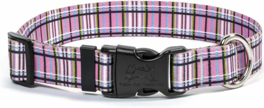 Small Animal Yellow Dog Design | Yellow Dog Design Tartan Pink Dog Collar-Size X-Small-3/8 Inch Wide And Fits Neck Sizes 8 To 12 Inches