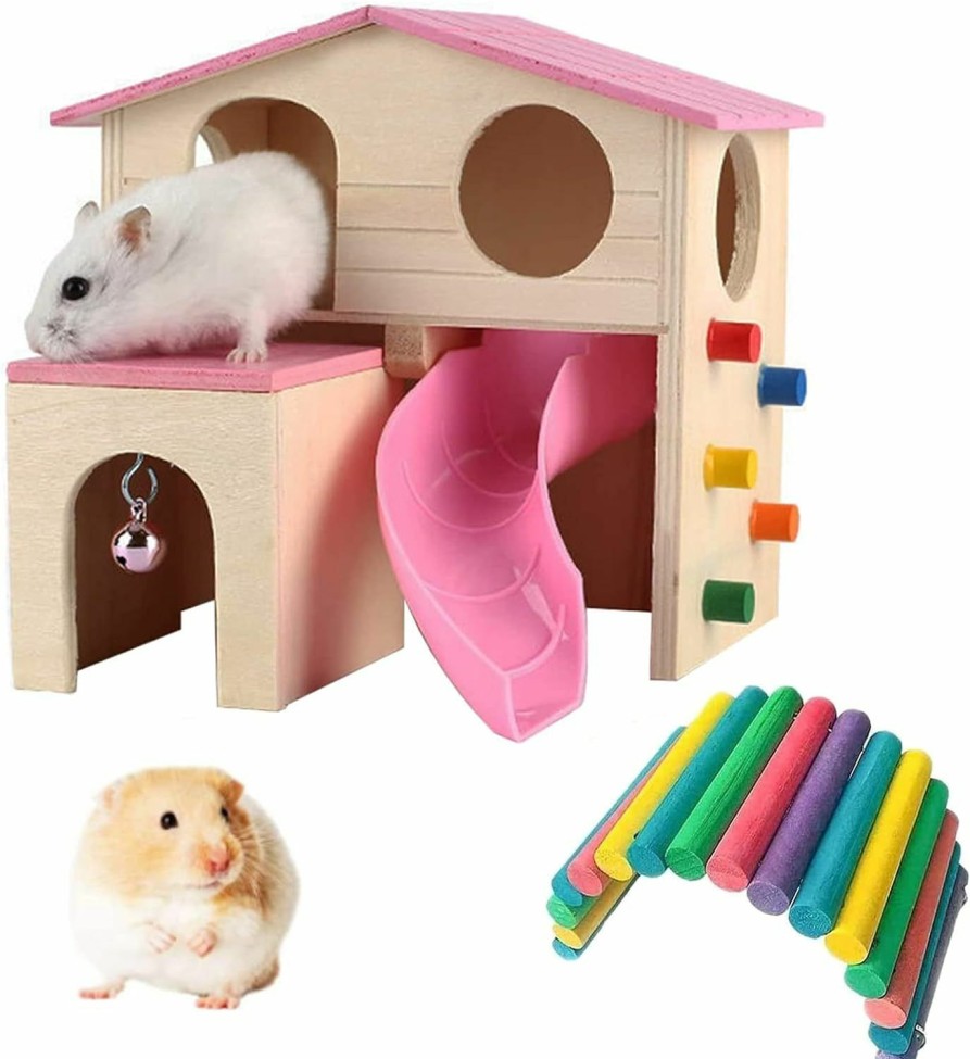 Small Animal Hamiledyi | Pet Small Animal Hideout Hamster House With Slide Climbing Toys Deluxe Two Layers Wooden Hut Play Toys For Chinchilla Dwarf Hamster Syrian Hamster And Mouse