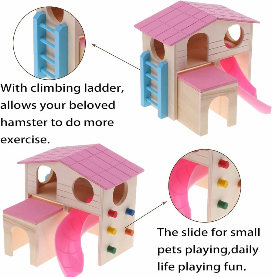 Small Animal Hamiledyi | Pet Small Animal Hideout Hamster House With Slide Climbing Toys Deluxe Two Layers Wooden Hut Play Toys For Chinchilla Dwarf Hamster Syrian Hamster And Mouse