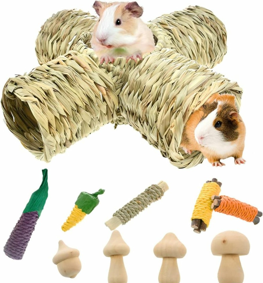 Small Animal Vehomy | Vehomy Guinea Pig Grass Tunnel Toy Hamster Natural Hideaway Tunnel Tubes And 9Pcs Small Pet Chewing Toys Small Animal Grass House With 5 Entrances For Guinea Pig Syrian Hamster Chinchillas Gerbils