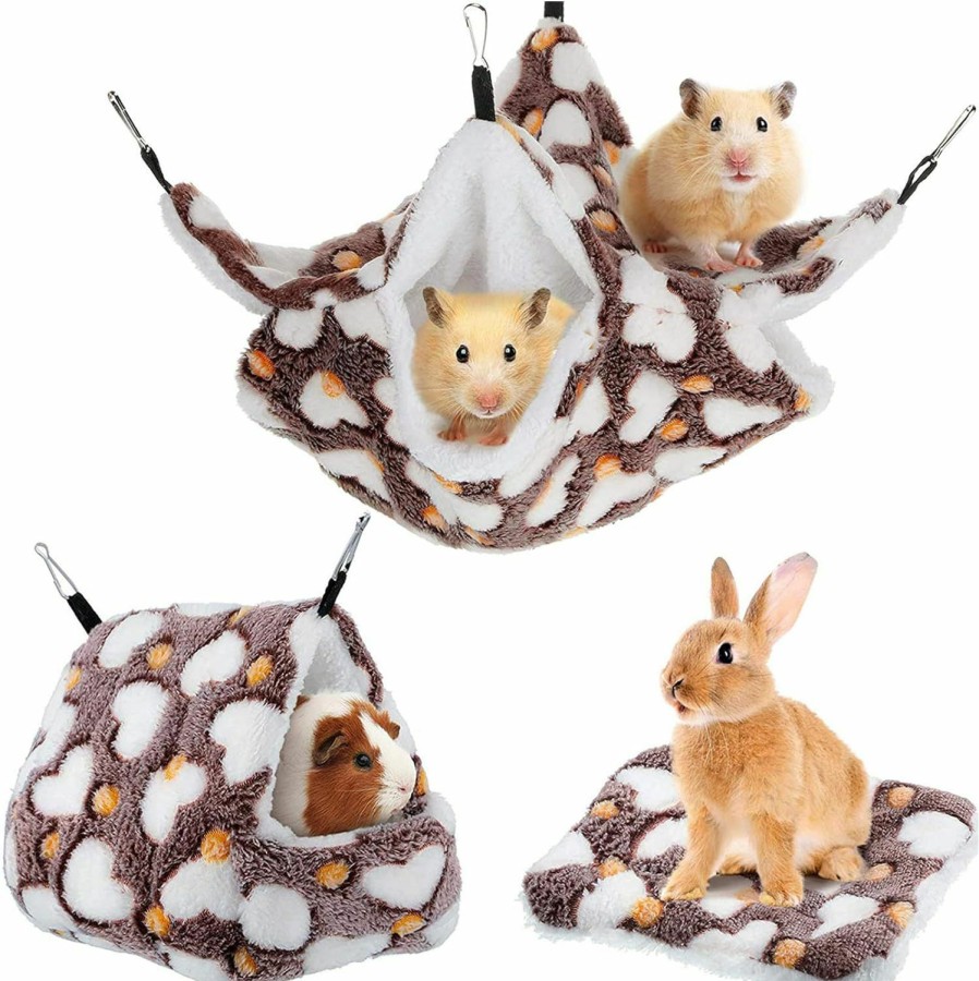 Small Animal Shappy | 3 Pieces Small Pet Cage Hammock Set Include Double-Layer Sugar Glider Swinging Bed Hanging Rat House Cage And Hamster Warm Bed Mat For Rat Parrot Ferret Squirrel Hamster Rat Playing Sleeping (Brown)