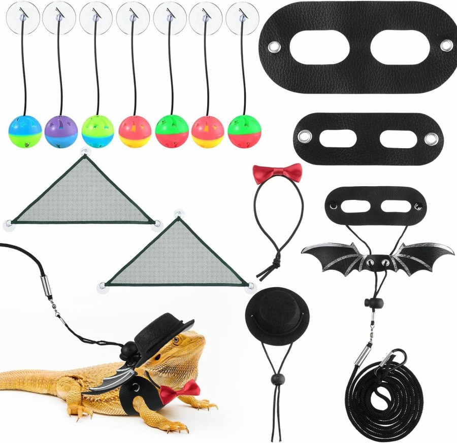 Small Animal Mixweer | Mixweer 12 Pack Bearded Dragon Accessories Set Bearded Dragon Leash Harness Adjustable Leash Bat Wings With Hat Bow Tie Collar Toys Ball For Bearded Dragon Mesh Hammock For Lizard Reptile Small Animal