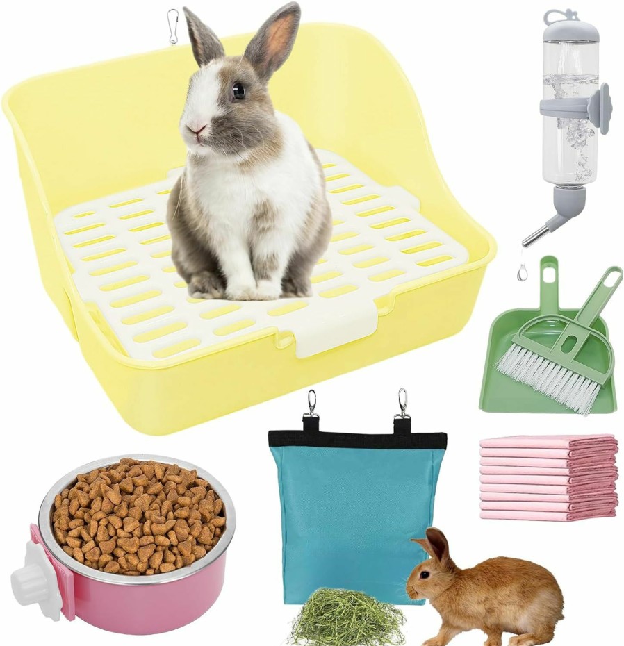 Small Animal ZALALOVA | Rabbit Litter Box Trainer With Hay Feeder Hanging Bowls Water Dispenser For Cage Drawer Pan Litter Bedding Small Animal Pet Toilet Bunny Guinea Pigs Chinchilla Ferret Small Animals Blue