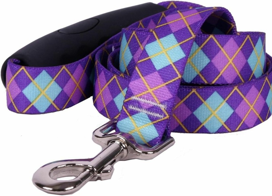 Small Animal Yellow Dog Design | Yellow Dog Design Argyle Purple Ez-Grip Dog Leash With Comfort Handle, Small/Medium