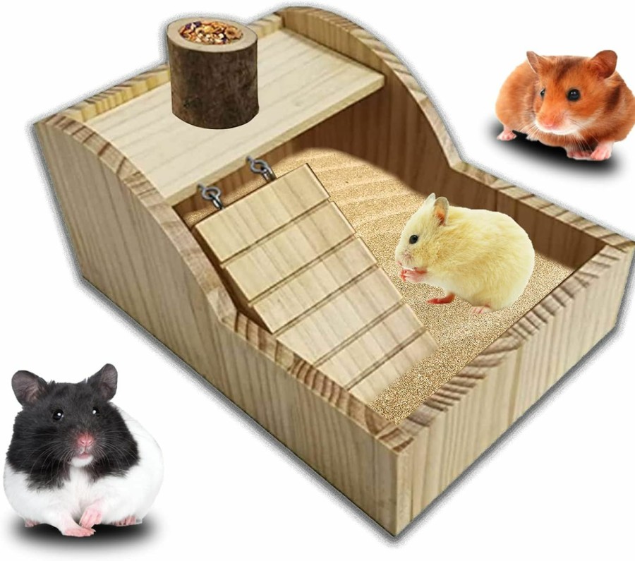 Small Animal Hamiledyi | Hamster Sand Bath Box Rat Wooden Hideout Sand Bath Container Chinchilla Digging Sand Bathtub With Climbing Ladder Bowl For Hamster Sugar Gliders Mice Rat Syrian Hamster Dwarf Hamster