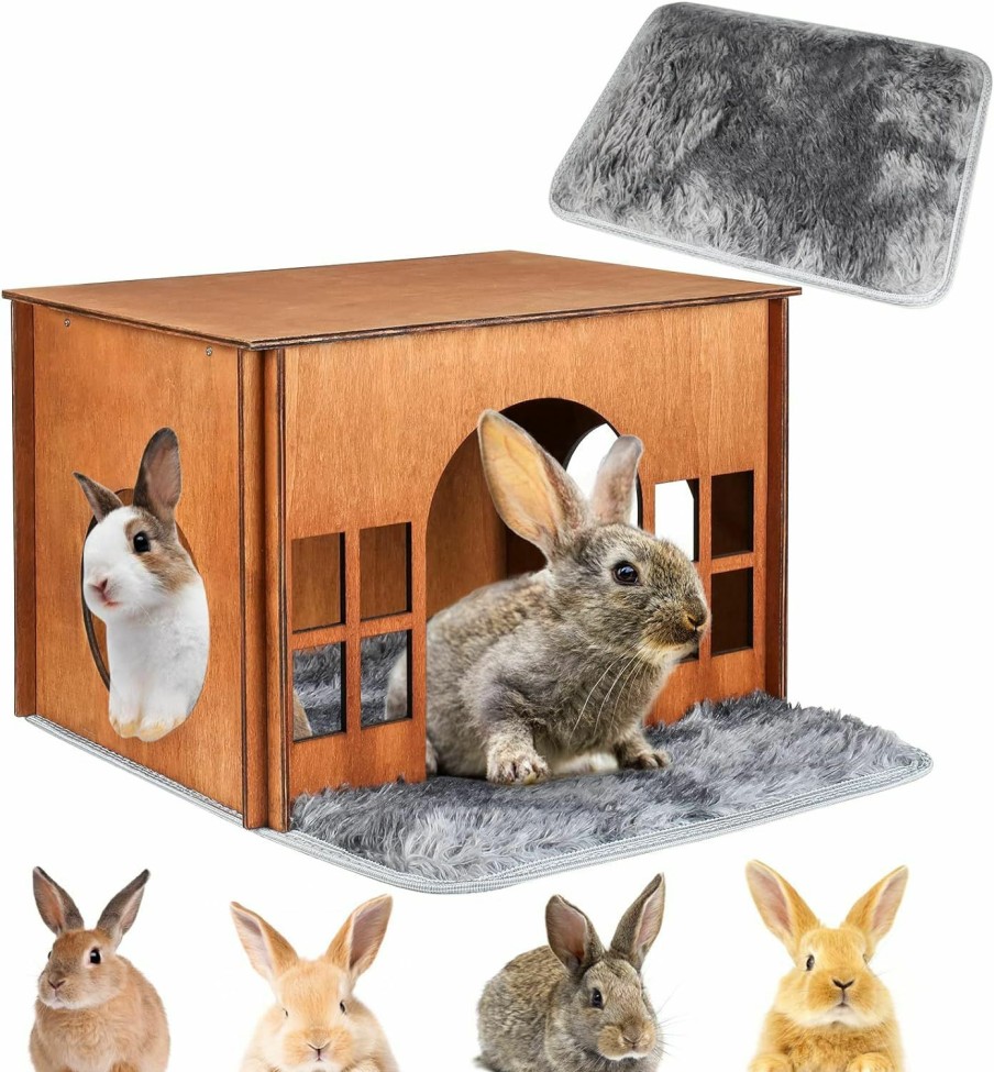 Small Animal WHEARTED | Rabbit House Wooden, Rabbit Houses And Hideouts Whearted, Large Rabbit Hideout Bunny House With Multiple Windows For Indoor Adult Bunnies Guinea Pigs Chinchilla Habitat - Brown