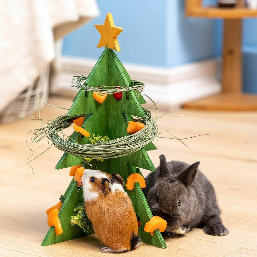 Small Animal Verla | Guinea Pigs Accessories For Christmas, Mini Tree Foraging Puzzle Toy Treat Feeder Wooden Enrichment Vegetable Rack Mental Stimulation Interactive Toy Xmas Gift Habitat Decor For Bunny Hamster Rabbits