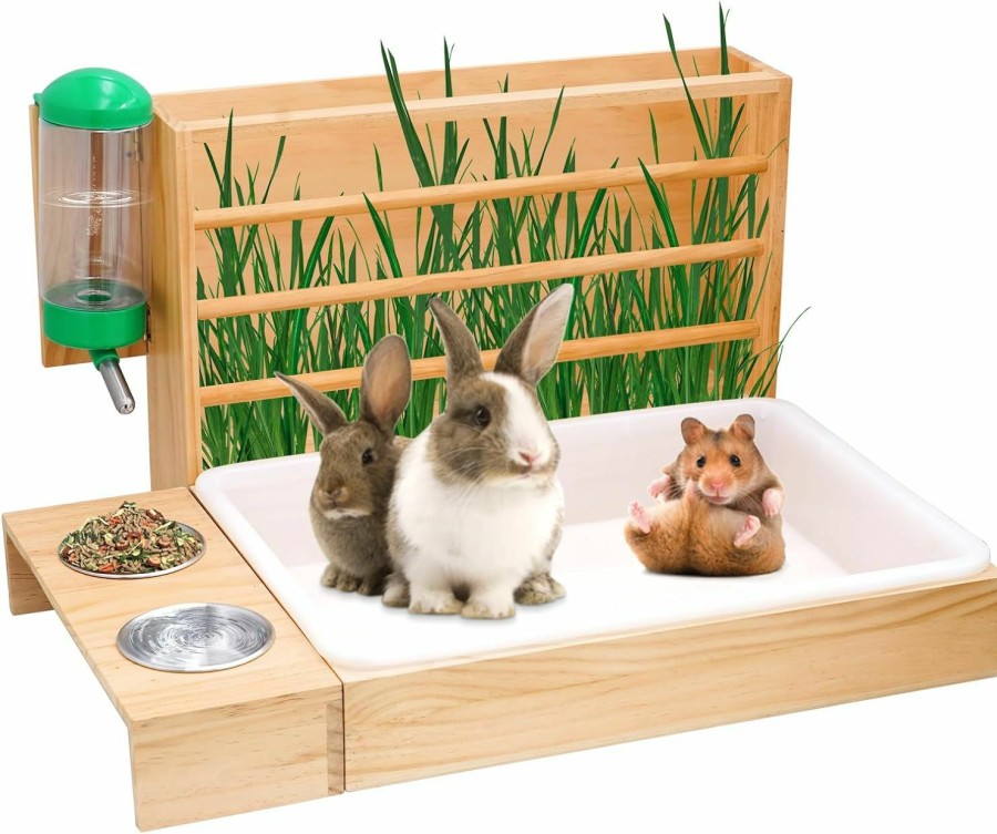 Small Animal PAULOZYN | Rabbit Hay Feeder With Litter Box And Bowls, 4 In 1 Wooden Feeder Toilet Combine With Litter Box For Small Pets Guinea Pig Bunny Hamster