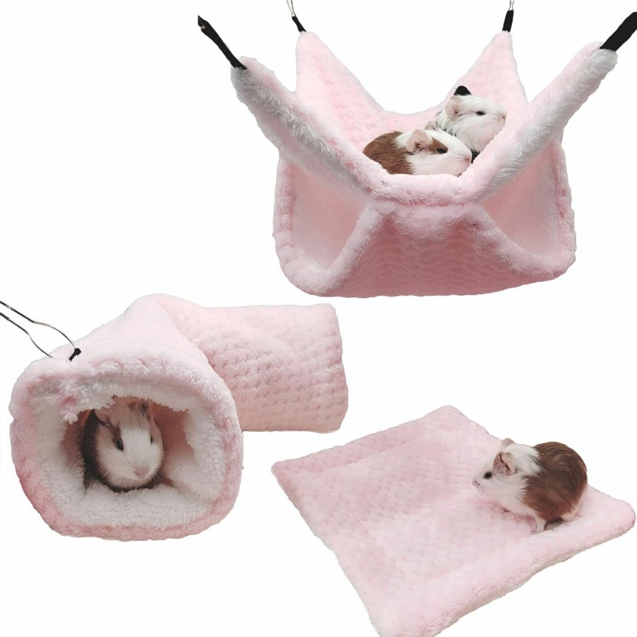 Small Animal SEIS | Seis 3 Pcs Plush Hamster Hammock Set Sugar Glider Hanging Cage Accessories Set Small Animal Hammock Channel Mat For Guinea Pig Rat Gerbil Squirrel Birds Parrot (Pink)