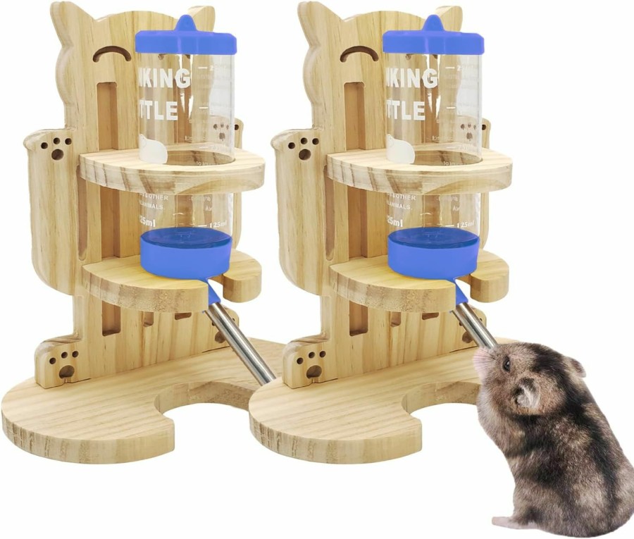 Small Animal BNOSDM | Bnosdm 2 Pack Hamster Water Bottle Holder Stand Wooden Guinea Pig Water Bottle Standing Wood With 125Ml Hanging Water Bottle Adjustable No Drip For Hamsters Gerbils Rats Mice Rodents