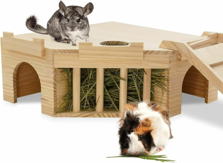 Small Animal Fhiny | Fhiny Guinea Pig Wooden Castle With Hay Holder, Ventilated Chinchilla Hideout With Feeding Bowl Ladder, Small Animal Multi Chamber Hideaway For Young Guinea Pigs Chinchillas Hedgehogs