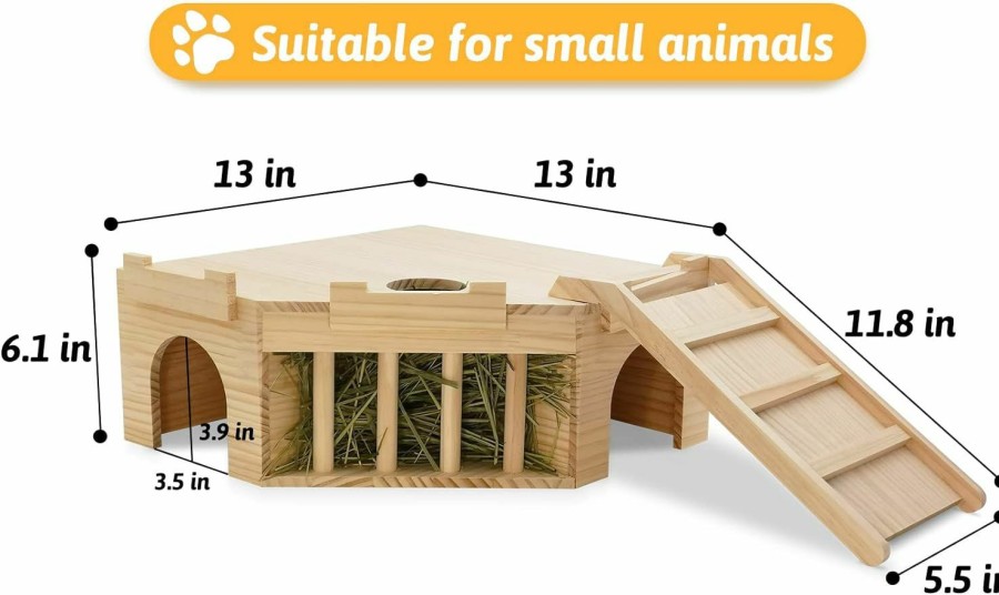 Small Animal Fhiny | Fhiny Guinea Pig Wooden Castle With Hay Holder, Ventilated Chinchilla Hideout With Feeding Bowl Ladder, Small Animal Multi Chamber Hideaway For Young Guinea Pigs Chinchillas Hedgehogs