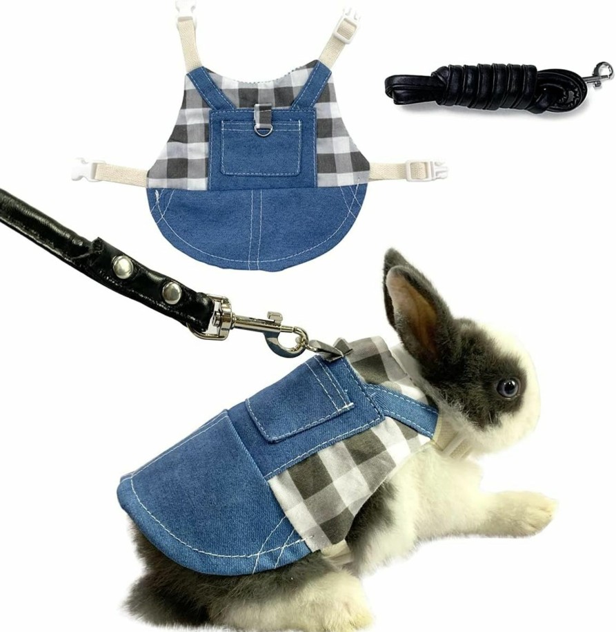 Small Animal Vehomy | Vehomy Rabbit Harness And Leash Small Animal Clothes For Rabbit Guinea Pig, Bunny Plaid Harness Leash Guinea Pig Blue Denim Black And White Plaid Dress For Kitten Chihuahua And Other Small Animals M