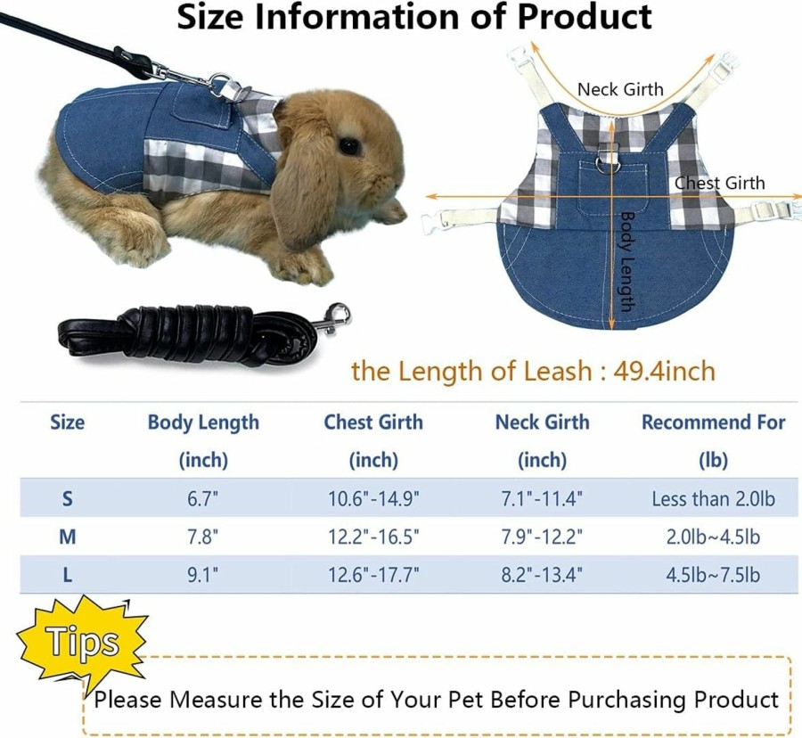 Small Animal Vehomy | Vehomy Rabbit Harness And Leash Small Animal Clothes For Rabbit Guinea Pig, Bunny Plaid Harness Leash Guinea Pig Blue Denim Black And White Plaid Dress For Kitten Chihuahua And Other Small Animals M