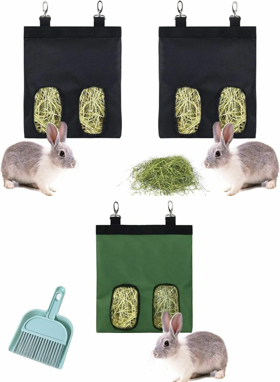 Small Animal Lucky Interests | Lucky Interests 3 Pcs Rabbit Hay Feeder Bag, 2 Holes Guinea Pig Hay Feeder Storage Oxford Cloth Fabric Hanging Feeding Holders For Chinchilla, Hamsters, Bunny With Mini Broom And Dustpan(Green, Black)