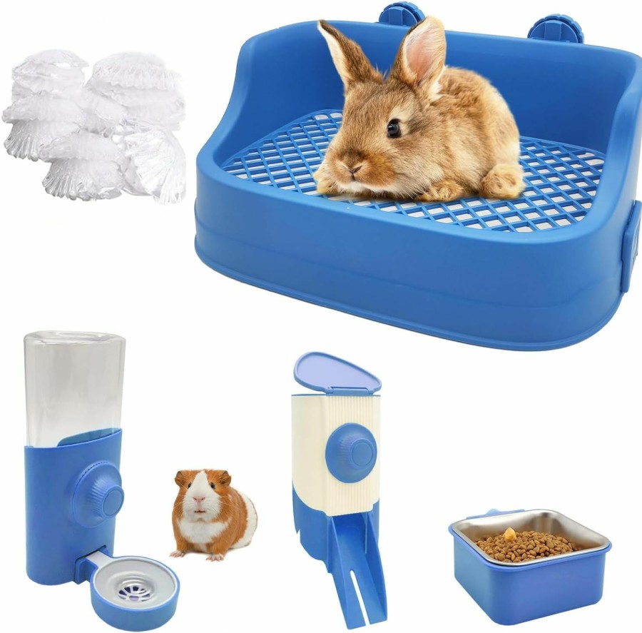 Small Animal BNOSDM | Bnosdm Small Rabbit Litter Box Kit 5-In-1 Bunny Potty Training Litter Box With Tray Rabbits Feeders Bunny Water Dispenser For Cages And Disposable Liners For Guinea Pigs Ferrets Chinchillas Blue