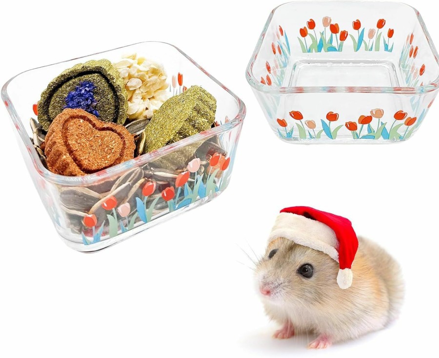 Small Animal Acsist | Acsist 2 Pack Glass Hamster Food Bowl Guinea Pig Food Dish Bowl Bunny Feeding & Water Bowls For Small Animals Syrian Hamsters Gerbil Ferret Mice Rats Rabbit Chinchilla Hedgehog (White Daisy)