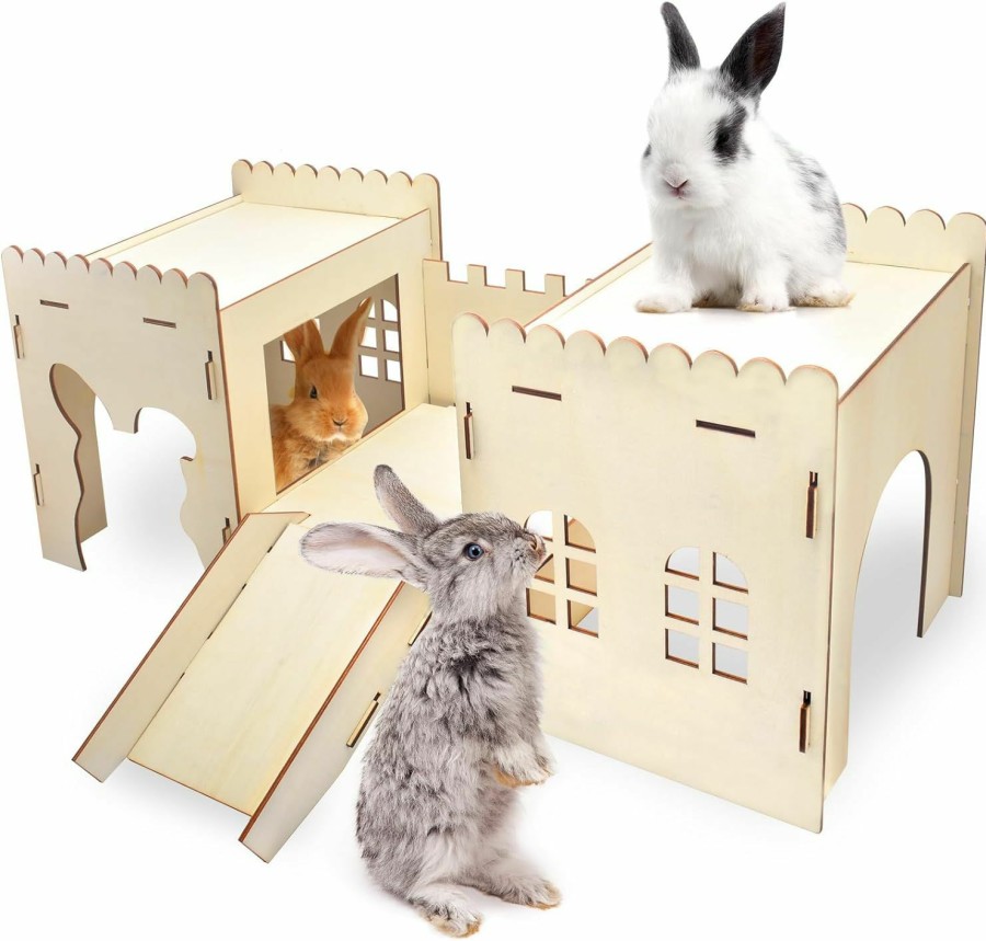 Small Animal ERKOON | Erkoon Large Rabbit Houses Rabbit Castles Wooden Bunny Hideout Play House With Stairs Spacious Breathable Habitats For Hamsters And Guinea Pigs