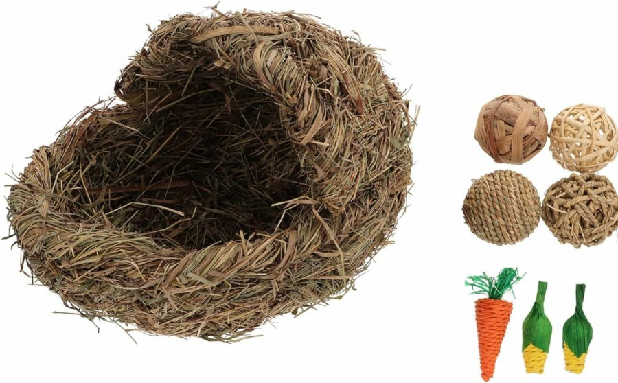 Small Animal balacoo | Balacoo 1Set Rabbit Bed Hut Bunny Mat House Sleeping Pet Hamsters Woven Hideaway For Grass Chew Natural Toys Pigs Bedding Small Chinchilla Ball Straw Playhouse Hand-Woven With Nest Guinea