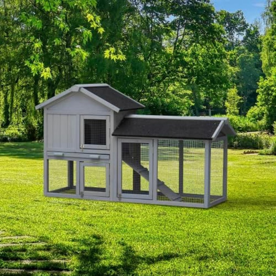 Small Animal PULLAFUN | 2-Story Wooden Rabbit Hutch With Run, Openable Roof, Lockable Doors & Pull-Out Tray - Ideal For Small Animals, Guinea Pigs, And Chickens