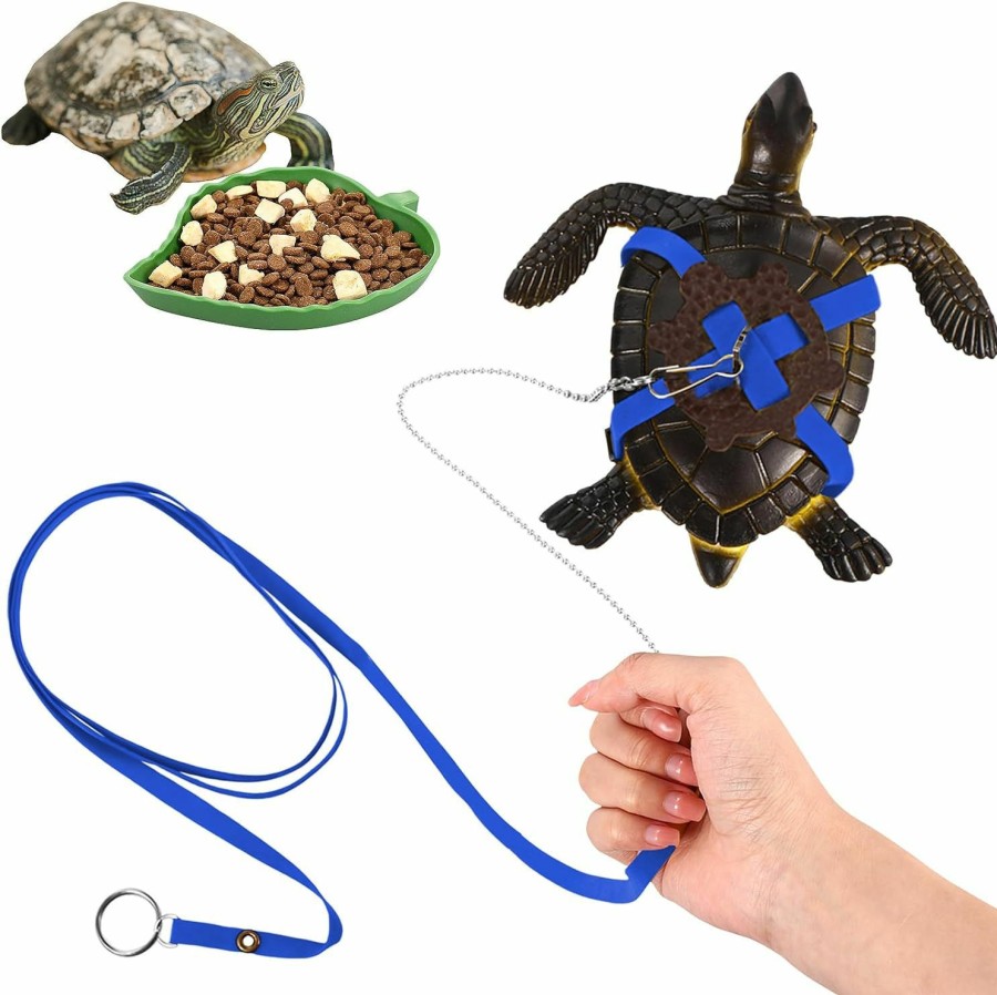 Small Animal Berlune | Berlune 2 Pieces Turtle Leash With Reptile Water Bowl Leash Leather Harness Strap For Tortoise Turtle Tank Accessories Turtle Leash And Harness Leaf Reptile Food And Water Bowl For Turtle Pet Walking