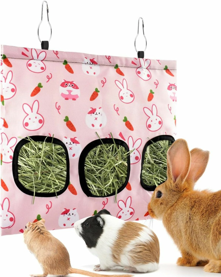 Small Animal Bissap | Bissap Rabbit Hay Feeder Bag, 2 Holes Hanging Hay Feeder Guinea Pig Hay Bag For Rabbits Bunny Chinchillas Hamsters Rats And Other Small Pets Small Animal - S (Pink)