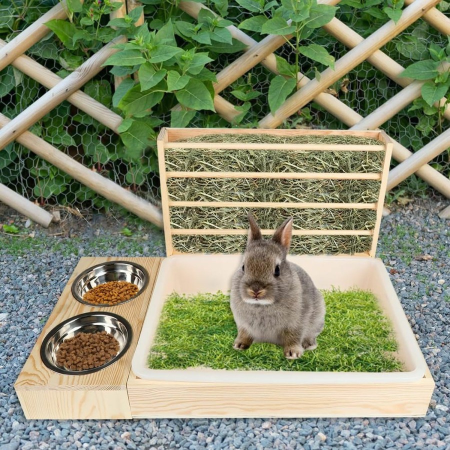 Small Animal CheeFun | Rabbit Hay Feeder With Litter Box: 3 In 1 Wooden Bunny Litter Pan With Hay Rack For Small Pets Guinea Pig Hamster