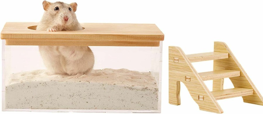 Small Animal apott | Apott Hamster Sand Bath Box With Ladder Small Animal Shower Digging Room Arcylic Pet Container Accessories For Gerbils Chinchilla, With Wood Cover, Large