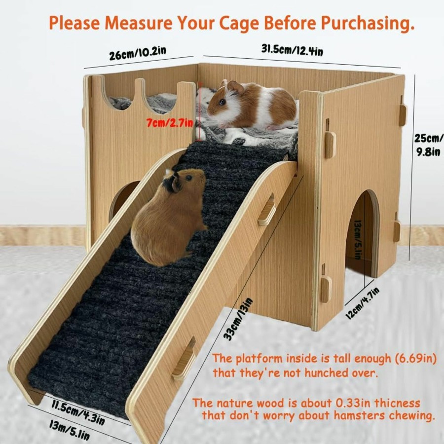 Small Animal Cdycam | Cdycam Guinea Pig Castle Hideout, Wooden Hamster House With Stairs & Mat,Small Animal House Hut Habitats 2 Doors For Hamsters Chinchillas Bunny Hiding Playing Sleeping