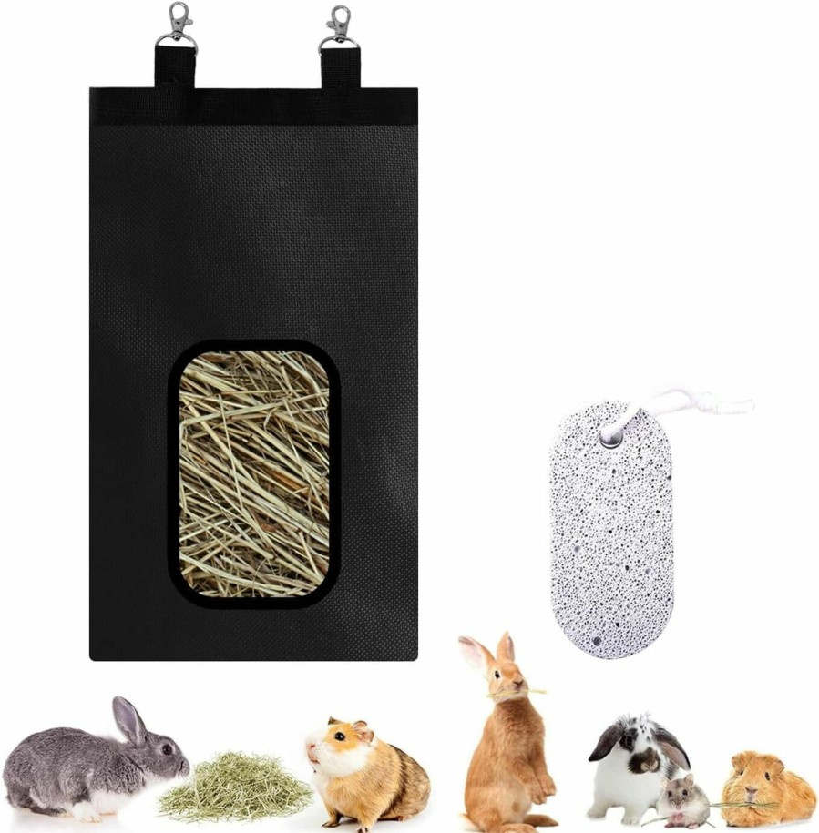 Small Animal YOLAGGOY | Yolaggoy Guinea Pig Hay Feeder, 2 Holes Hanging Rabbit Hay Feeder Bag For Rabbit Guinea Pig Chinchilla With 1 Grind Teeth Stone,Small Animals Automatic Feeders (Black)