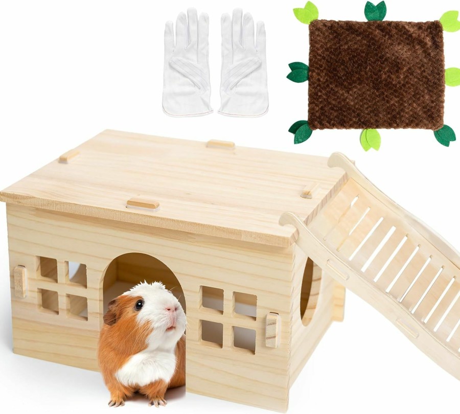 Small Animal FAITUCOS | Faitucos Guinea Pig Hideout Wooden House With Stairs And Mats, Small Animal Cage Accessories Large Habitats Hut Indoor With Waterproof Liner For Rat Hamster Hedgehog, Etc. Hiding Playing Sleeping