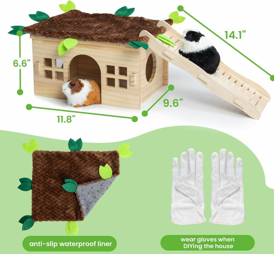 Small Animal FAITUCOS | Faitucos Guinea Pig Hideout Wooden House With Stairs And Mats, Small Animal Cage Accessories Large Habitats Hut Indoor With Waterproof Liner For Rat Hamster Hedgehog, Etc. Hiding Playing Sleeping