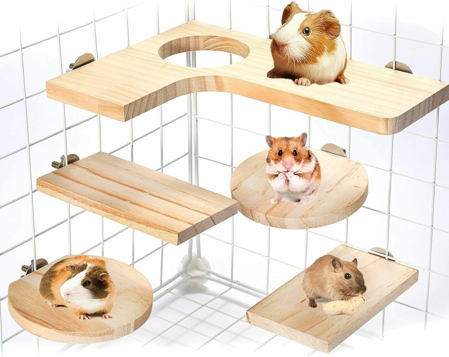 Small Animal HGPOKLVT | Hamster Cage Accessories Wooden Platform Chinchilla L-Shaped Round Hole Wooden Playing Platform, 5Pcs Of Wooden Pedal Toys, Provide A Habitat For Small Animal & Birds, For Squirrel Gerbil